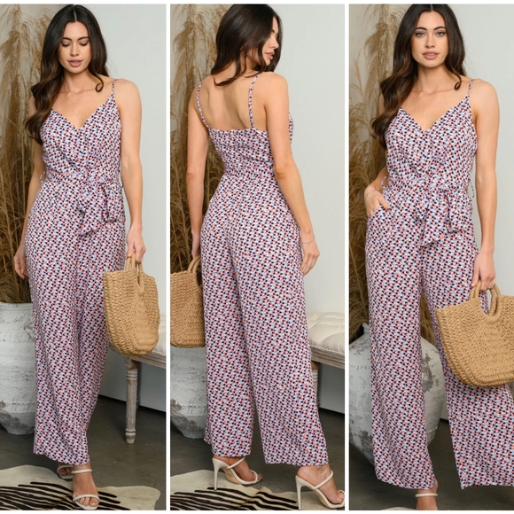LAST ONE❗AMBITION Boho Chic Overlapping Dots Print Straight Leg Jumpsuit - Picture 6 of 6